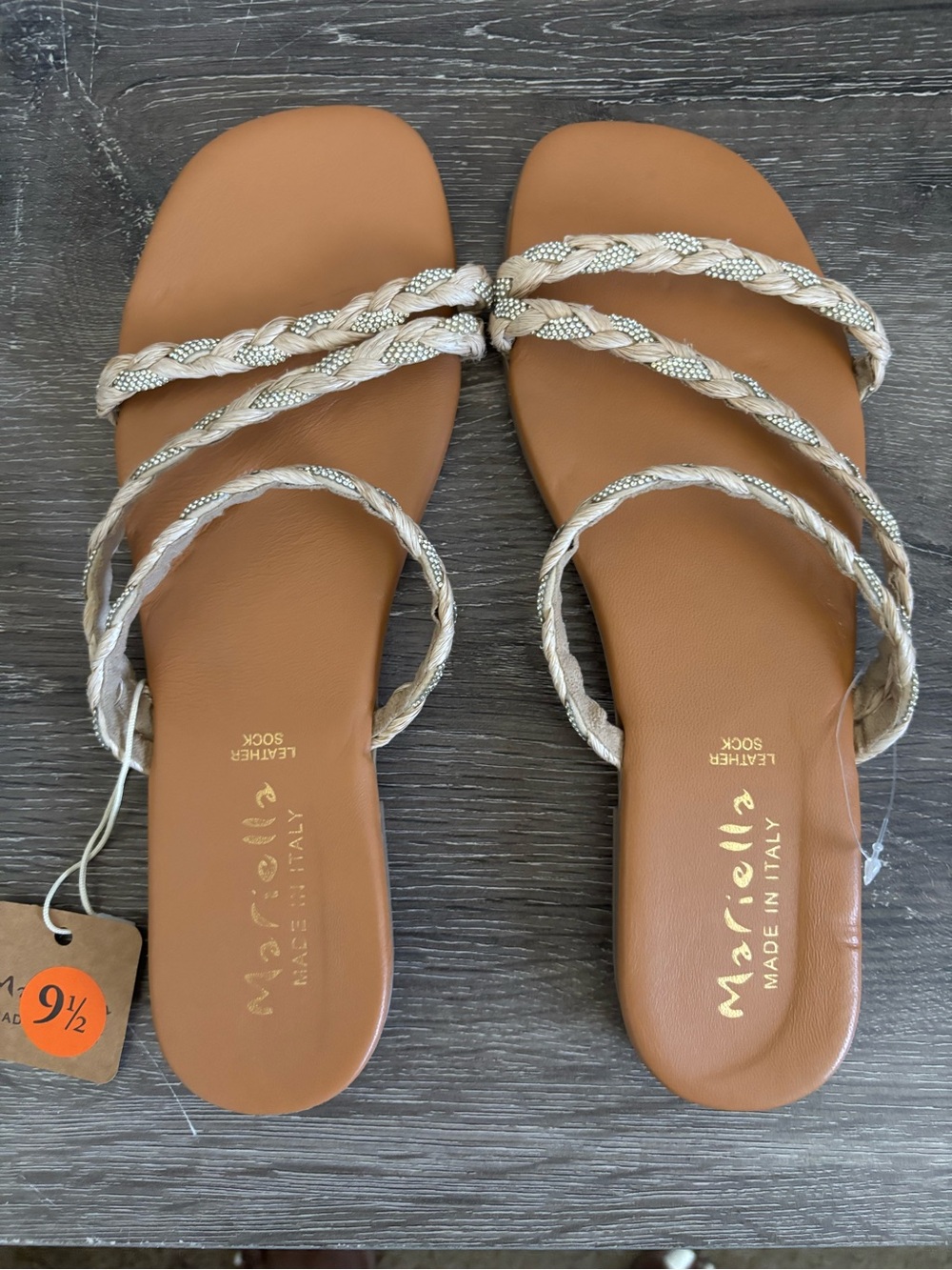 NWT MARELLA Tan Leather Slide Sandals with Braided Metallic Straps, Size 9.5